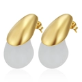 Close-up of modern teardrop earrings with golden steel and frosted white resin. - White