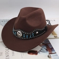 Brown western cowboy hat with studded leather band and star badge decoration - Rhinestone Arc Strap / Coffee