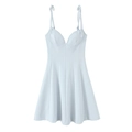 Detail view of light blue floral poplin dress with adjustable tie-up shoulder straps - Azure Blue