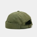 Detail view of the adjustable back strap on a retro olive green brimless landlord hat. - Adjustable / Army Green