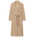 Detailed view of camel wool blend coat featuring tie-waist belt and front pockets - XS / Khaki