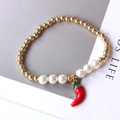 Beaded gold and pearl bracelet with a decorative red chili pepper enamel charm - Style 4 (Chili)