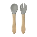 Baby feeding set with grey food-grade silicone spoon and fork featuring natural wood handles - Wooden Handle Spoon and Fork Set / Smoke