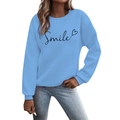 Women's sky blue round neck sweatshirt featuring Smile letter print and heart graphic - S / Light Blue