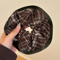 Brown plaid scrunchie with dark green leather trim details for women hairstyle - Red Brown Plaid Green Leather Edge Scrunchie