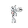 Silver titanium steel flower ear stud with pink and clear crystals and screw back - Butterfly Flower Zirconia Style (A-465)
