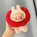 Labubu doll in pink fur with white rabbit ears and red collar for Labubu Party series - Little Apple Headband / First And Second Generation Keychains Are Compatible With La Cloth Dolls. Dolls Not Included.
