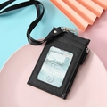 Black PU leather card holder with neck lanyard and multi-slot texture detail - Black