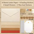 Linen texture envelope set with rabbit stationery and wax seal stickers for invitations - Deluxe Set (5 Envelopes + 8 Paper + 5 Seals + Accessories)