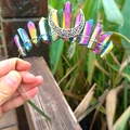 Close-up of handmade rainbow crystal crown with silver moon on wire-wrapped headband - Multicolor Crystal with Silver Wire & Moon