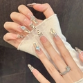 Pink leopard press-on nails with pearls, rhinestones, and gold accents on long almond shape - Large (L) / 1028-Long Oval