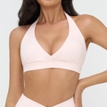 Cross V-neck yoga sports bra in pale pink featuring a wide elastic underband and open back - S / Light Pink