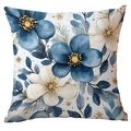 Blue and cream floral Christmas cushion cover with golden branch and star patterns - Blue White Winter Flower