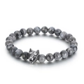 Beaded bracelet with black agate, turquoise and a detailed silver wolf head charm - Grey Labradorite (KB70695-BD) / 8mm