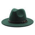 Detail of dark green fedora hat with black leather band and gold horsebit buckle - Dark Green