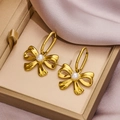 Elegant 18K gold plated bow earrings with central pearl in a luxury jewelry box - 1300-Gold Bowknot Single Pearl