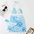 Three-piece bikini set with blue marble print, tie-up top, briefs, and drawstring skirt - S / Blue & White Water Ripple