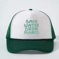 Green and white trucker hat with SAVE WATER DRINK MARGS embroidery and mesh back - Dark Green