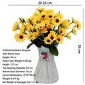 Detailweergave van kunstmatige zonnebloemen in witte vaas met afmetingen aangegeven - 3 bossen zonnebloemen + strikvaas + doos