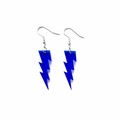 Blue glitter acrylic lightning bolt drop earrings with silver metal hooks on white background - Transparent Royal Blue