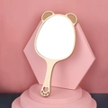 Specchio a mano in legno a forma di orso su supporti geometrici di colore rosa - Piccolo specchio a mano a forma di orso carino