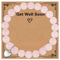 Pink quartz bead bracelet with a polished metal heart charm on a Get Well Soon card - Rose Quartz Bracelet