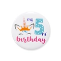 Cute unicorn tinplate badge for 5th birthday party celebrations with crown detail - Number 5