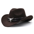 Brown felt western cowboy hat with ethnic bull skull band on a white background - M (56-58cm) Adjustable / Coffee