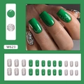 Sparkly green and silver glitter square press-on nails set in medium length 24pcs - W623 Sparkling Emerald Green (Glue Style)