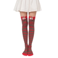 Close-up of red and green striped Christmas over-knee socks with 3D reindeer decor - Red Green Striped Socks with Reindeer Doll