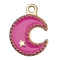 Pink crescent moon enamel pendant with golden stars and beaded edges for DIY jewelry - Moon
