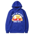 Blue Gulf of Mexico 1672 hoodie featuring a vintage sunset and sailboat graphic - Sapphire Blue