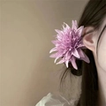 Detailed side view of a large purple floral hair claw clip worn on hair for styling - Purple Anemone Flower Hair Accessory
