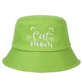 Detail of neon green cotton bucket hat featuring white Cat Mom embroidery and stitching - Adjustable / Grass Green