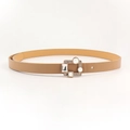 Detailed macro of a slim camel PU leather belt featuring a square rhinestone buckle - Camel