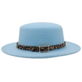Light blue wool felt boater hat with leopard print band and golden buckle detail - M (56-58cm) / Sky Blue
