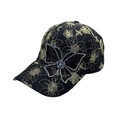 Casquette de baseball en dentelle noire avec broderie dorée et papillon en strass - Noir