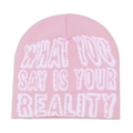 Detail of pink knitted beanie featuring white jacquard slogan in a pixelated street style - M (56-58cm) / Pink
