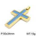 Gold stainless steel cross pendant with blue carbon fiber inlay and 50x34mm dimensions - Style B Gold Frame Blue Inlay (KP97236-KFC)