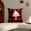 Christmas red and black plaid pillow cover with white tree embroidery on soft white bench - Christmas Tree / 45*45cm (No Insert)