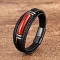 Detail of multilayer woven leather bracelet featuring a red stone inlay and magnetic clasp - 19cm / Black Leather With Red Rectangle Agate
