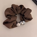 Brown fabric scrunchie with large faux pearl and crystal heart pendant decoration - Dark Coffee Heart Crystal