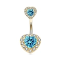 Golden belly button ring featuring blue double heart zircon stones with micro pavé trim - Gold Plated Blue
