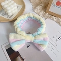 Rainbow pastel plush headband with bow for face washing and makeup skin care - Yellow Pink Blue
