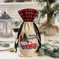 Christmas burlap wine bag with red truck gnome print and red black plaid collar - Red Truck & Gnome