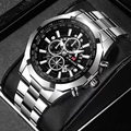 Luminous men's quartz sports watch with silver steel band and black chronograph dial - Silver