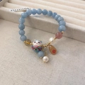 Blue beads and pearl bracelet with lucky cat ceramic charm and gold Chinese tag - Ceramic Fortune Cat Chinese Style / Light Blue / Multi-color