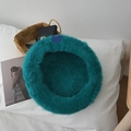 Peacock green plush rabbit fur beret for women featuring a stylish blue heart patch - 56-58cm / Green