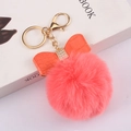 Roze faux fur pompon sleutelhanger met oranje lederen strik en strassteentjes - Helder Watermeloen Rood - Krokodil Strik