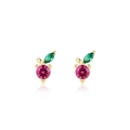 Cute S925 silver cherry stud earrings with pink zircon fruit and green leaves - 925 Silver / Gold